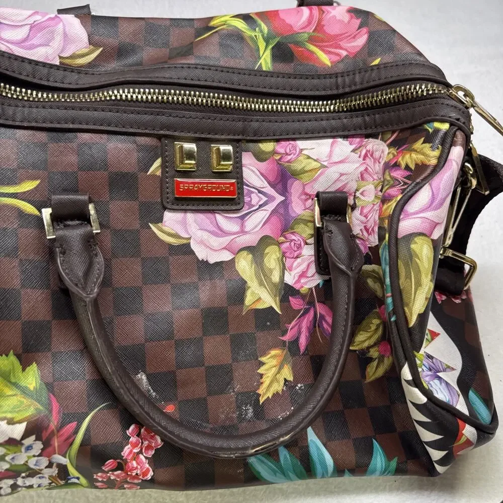Sprayground Floral Checkered Satchel Gold Hardware Adjustable Strap Blue Lining